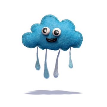 A blue raincloud made of felt with googly eyes and raindrops falling from it