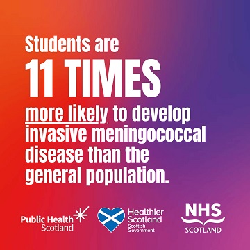 Public Health Scotland graphic encouraging students to get vaccinated. The message says: Students are 11 times more likely to develop invasive meningococcal disease than the general population.