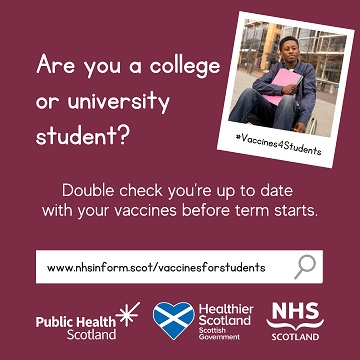 NHS infographic advising students to make sure they are up to date with their vaccines before term starts.