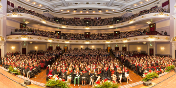 Photo taken from stage showing students sitting in the Usher Hall auditorium for their graduation ceremony